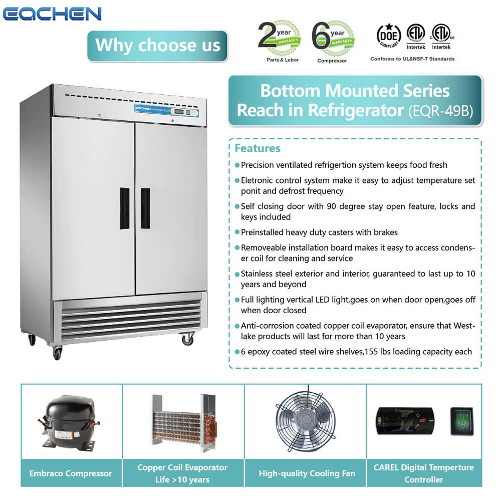 EQCHEN EQR-49B 54" Reach-In Commercial Double Door Refrigerator, Stainless Steel