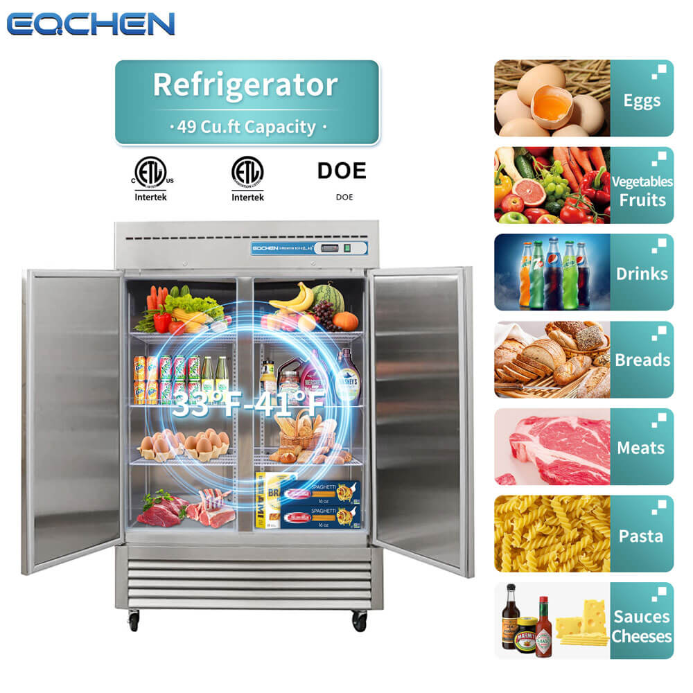 EQCHEN EQR-49B 54" Reach-In Commercial Double Door Refrigerator, Stainless Steel