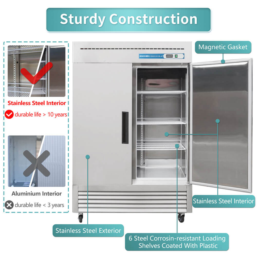 EQCHEN 54 Inch 2 Door Commercial Refrigerator Stainless Steel