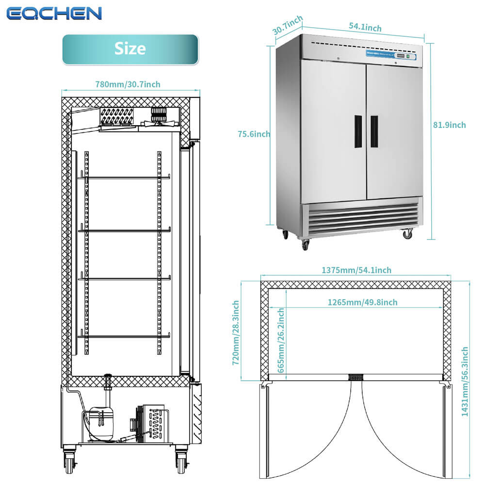 EQCHEN EQR-49B 54" Reach-In Commercial Double Door Refrigerator, Stainless Steel