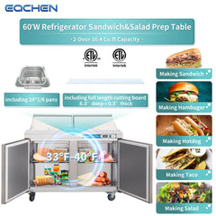 EQCHEN 2 Door 60 Inch Mega Top Sandwich Prep Table Refrigerator