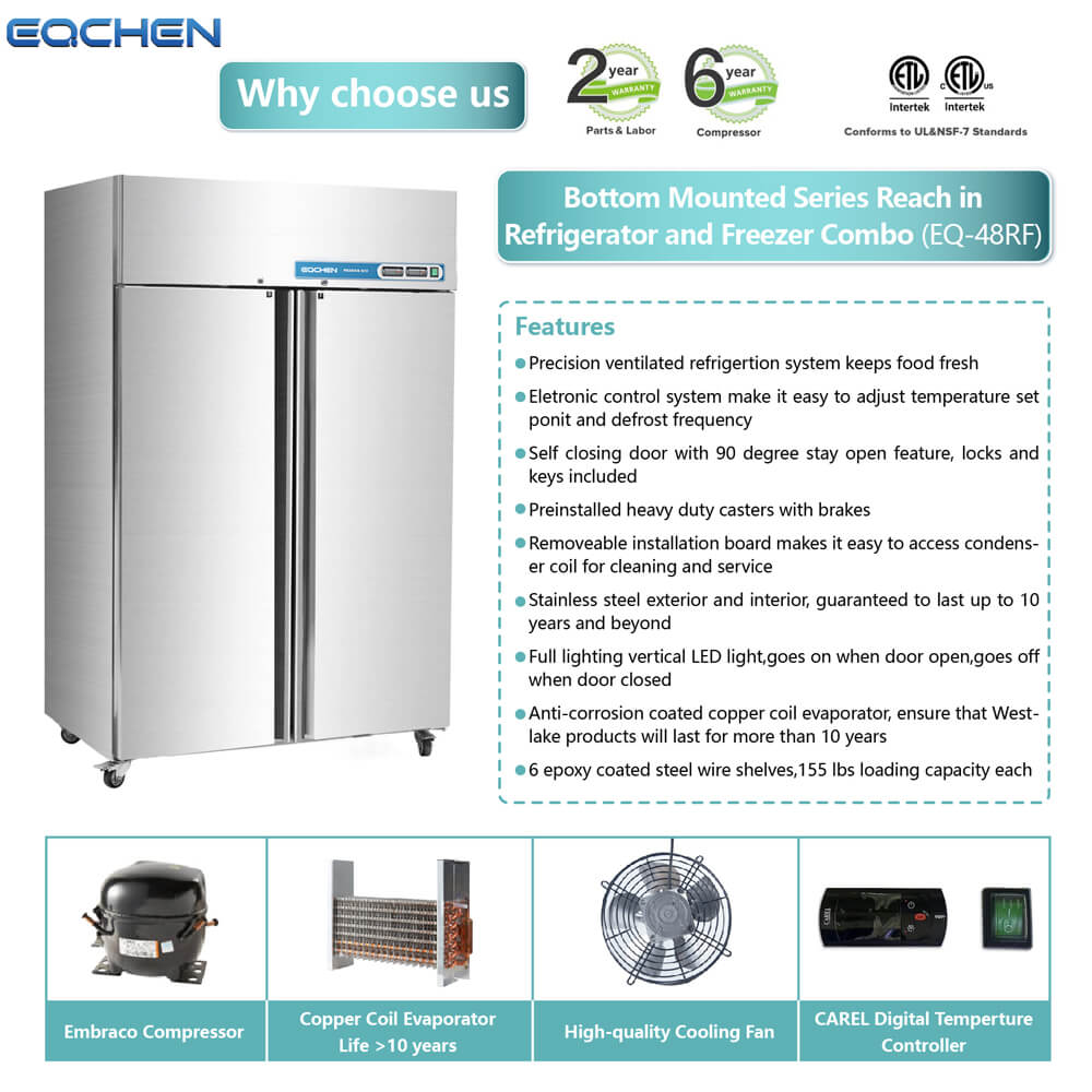 EQCHEN 48 Inch 2 door Commercial Refrigerator Freezer Combo