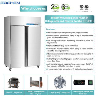 EQCHEN 48 Inch 2 door Commercial Refrigerator Freezer Combo Stainless Steel