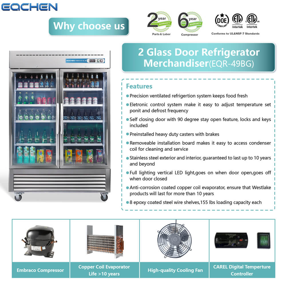 EQCHEN 54 Inch 2 Glass Door Commercial Refrigerator - 