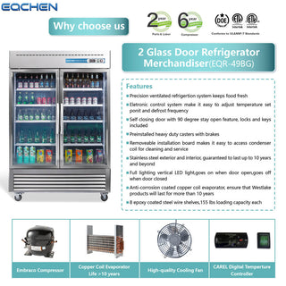 EQCHEN 54 Inch 2 Glass Door Commercial Refrigerator Stainless Steel