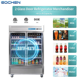 EQCHEN 54 Inch 2 Glass Door Commercial Refrigerator Stainless Steel
