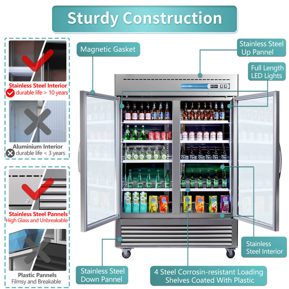 EQCHEN 54 Inch 2 Glass Door Commercial Refrigerator