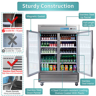 EQCHEN 54 Inch 2 Glass Door Commercial Refrigerator Stainless Steel