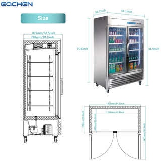 EQCHEN 54 Inch 2 Glass Door Commercial Refrigerator Stainless Steel