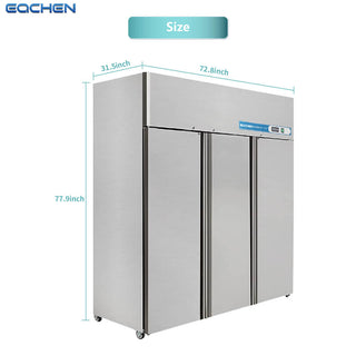 EQCHEN 72 Inch 3 Door Commercial Freezer Stainless Steel