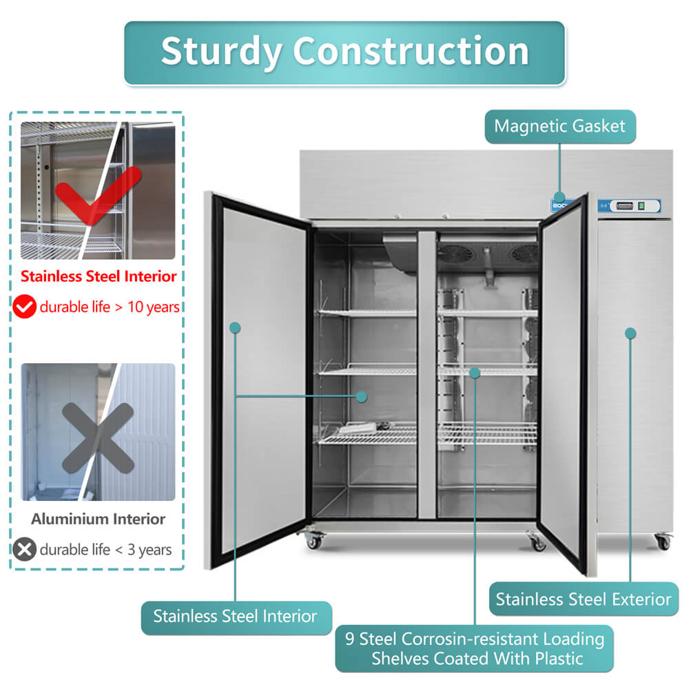 EQCHEN 72 Inch 3 Door Commercial Freezer Stainless Steel