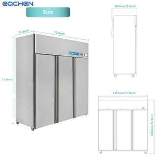 EQCHEN 72 Inch 3 Door Commercial Freezer Stainless Steel