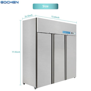 EQCHEN 72 Inch 3 Door Commercial Refrigerator Stainless Steel