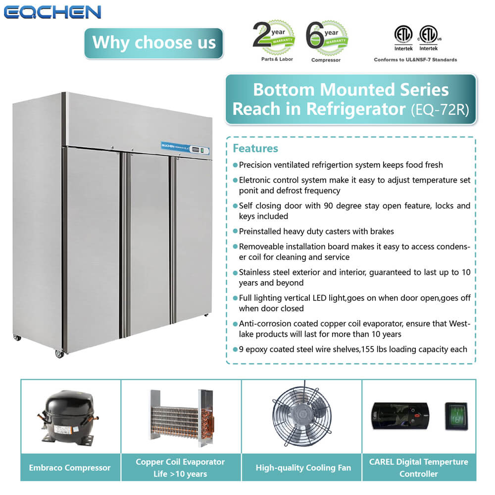 EQCHEN EQ-72R 72" Reach-In Commercial Three Door Refrigerator, Stainless Steel