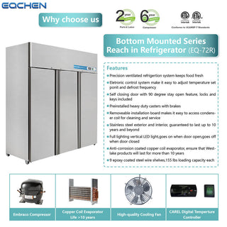 EQCHEN 72 Inch 3 Door Commercial Refrigerator Stainless Steel