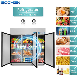 EQCHEN 72 Inch 3 Door Commercial Refrigerator Stainless Steel
