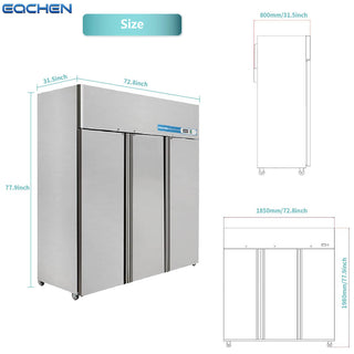 EQCHEN 72 Inch 3 Door Commercial Refrigerator Stainless Steel