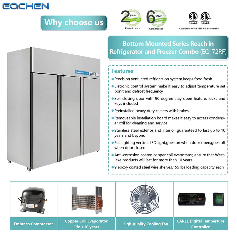 EQCHEN EQ-72RF 72" Reach-In Commercial Refrigerator and Freezer Combo, Stainless Steel
