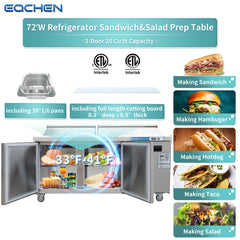 EQCHEN 3 Door 72 Inch Mega Top Sandwich Prep Table Refrigerator