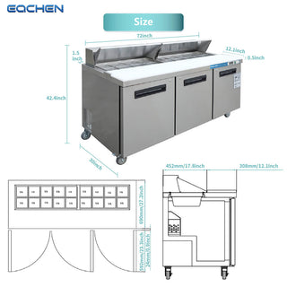 72 inch Salad Sandwich Prep Table Refrigerator, Stainless Steel Food Prep Cooler Stainless Steel