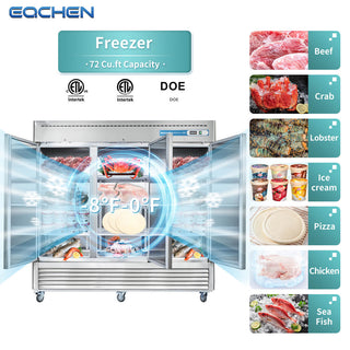 EQCHEN 82 Inch 3 Door Commercial Freezer Stainless Steel