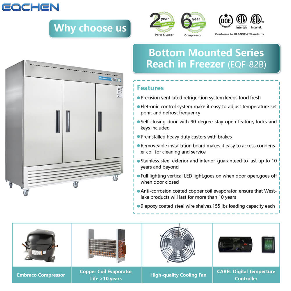 EQCHEN EQF-82B 82" Reach-In Commercial Three Door Freezer, Stainless Steel