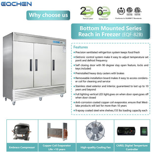EQCHEN 82 Inch 3 Door Commercial Freezer Stainless Steel