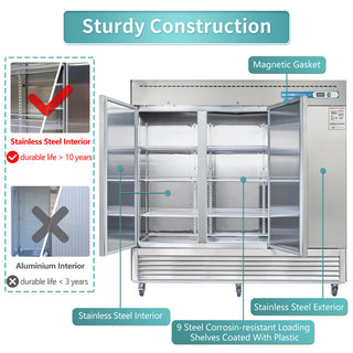 EQCHEN 82 Inch 3 Door Commercial Freezer Stainless Steel