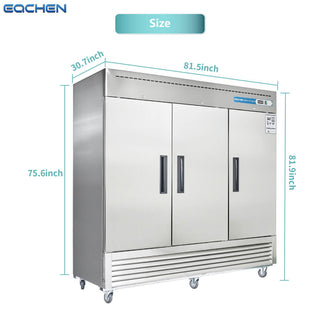 EQCHEN 82 Inch 3 Door Commercial Refrigerator Stainless Steel