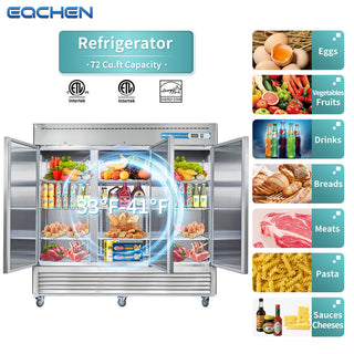 EQCHEN 82 Inch 3 Door Commercial Refrigerator Stainless Steel