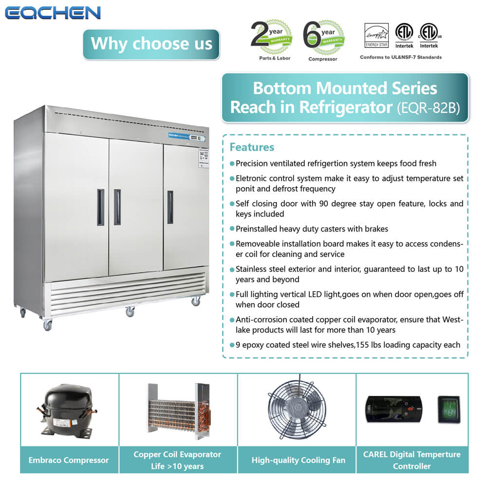 EQCHEN EQR-82B 82" Reach-In Commercial Three Door Refrigerator, Stainless Steel