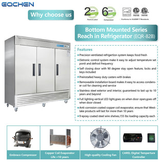 EQCHEN 82 Inch 3 Door Commercial Refrigerator Stainless Steel