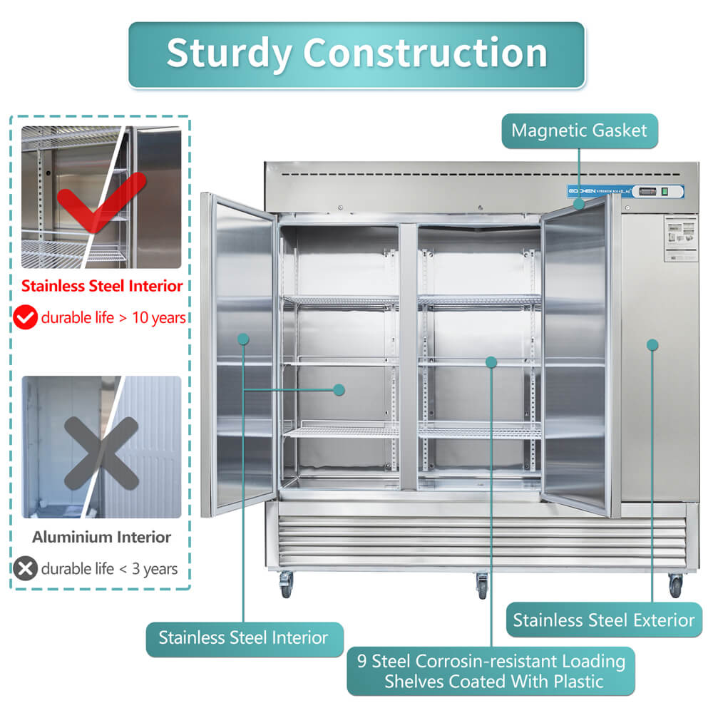 EQCHEN 82 Inch 3 Door Commercial Refrigerator Stainless Steel