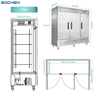 EQCHEN 82 Inch 3 Door Commercial Refrigerator Stainless Steel