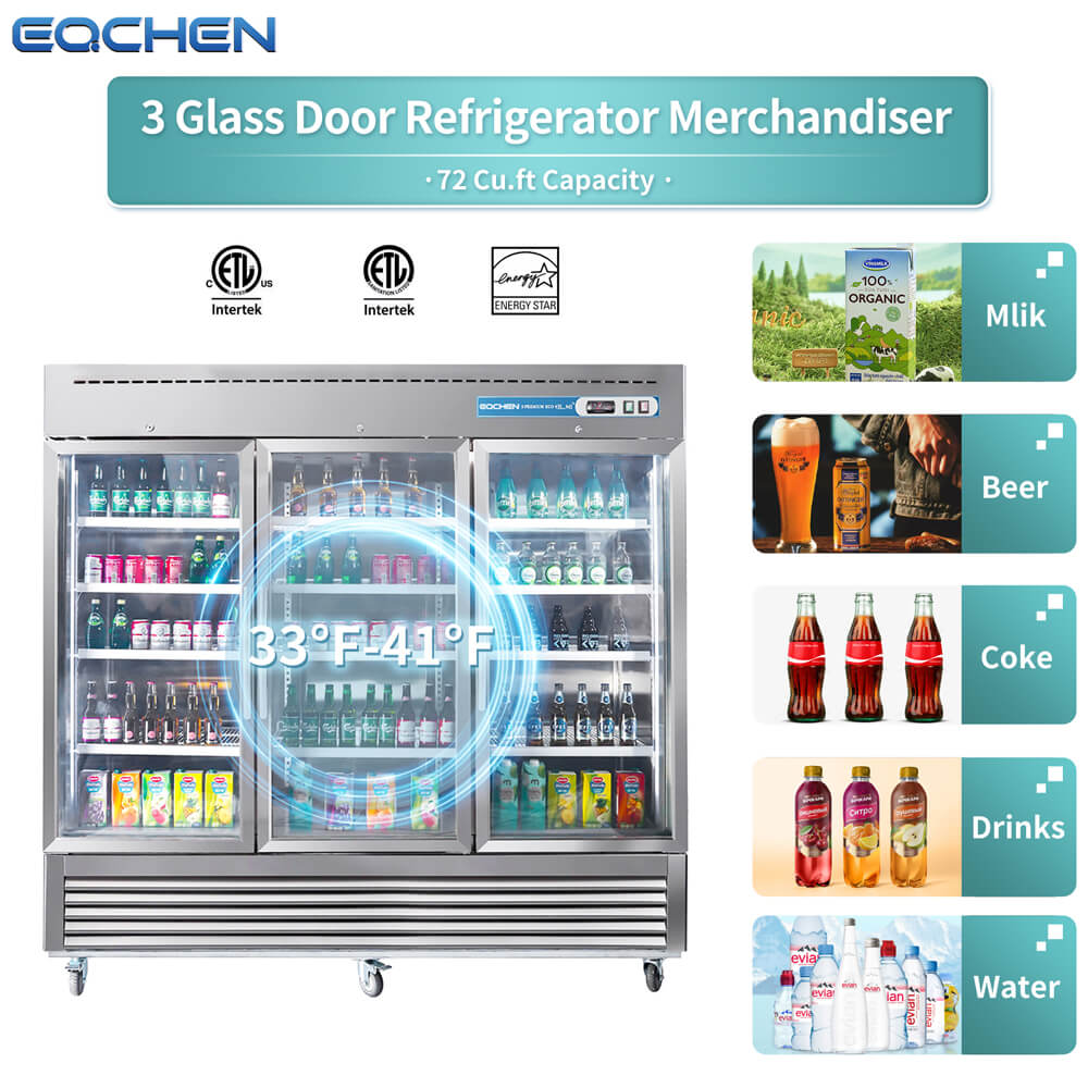 EQCHEN 82 Inch 3 Glass Door Commercial Refrigerator - 