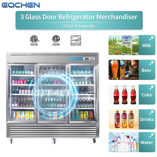 EQCHEN 82 Inch 3 Glass Door Commercial Refrigerator Stainless Steel