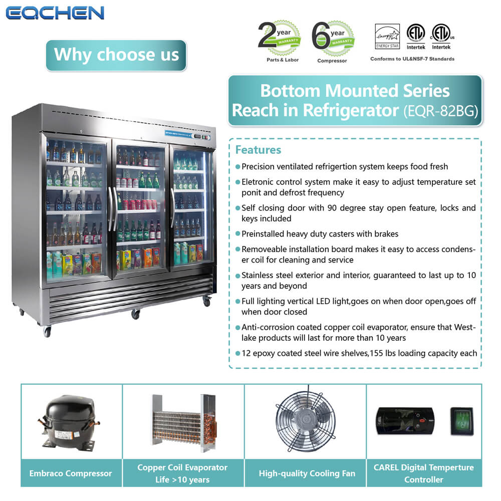 EQCHEN 82 Inch 3 Glass Door Commercial Refrigerator - 
