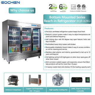 EQCHEN 82 Inch 3 Glass Door Commercial Refrigerator Stainless Steel