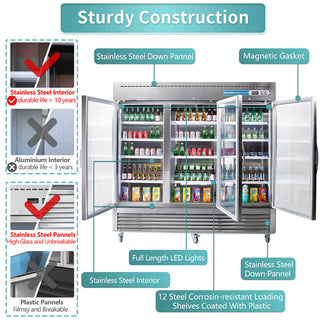 EQCHEN 82 Inch 3 Glass Door Commercial Refrigerator Stainless Steel