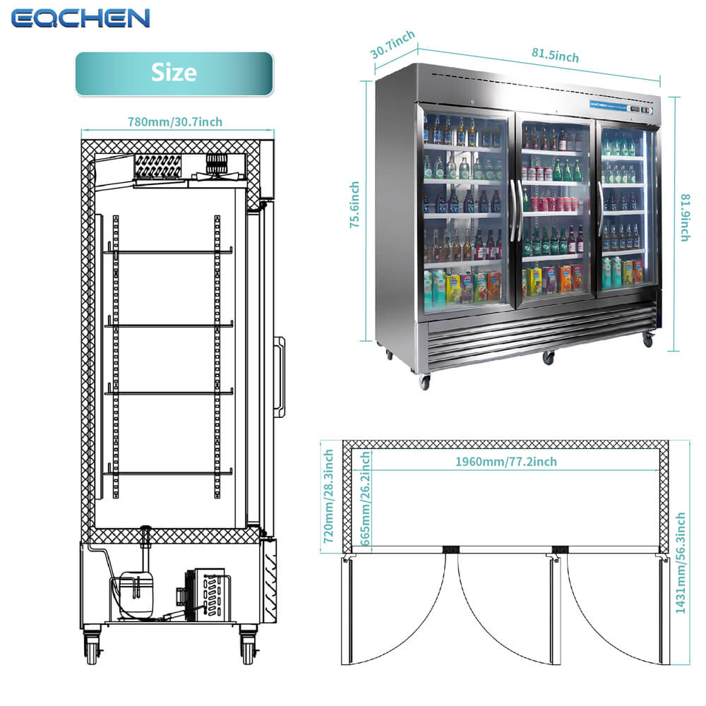 EQCHEN 82 Inch 3 Glass Door Commercial Refrigerator - 