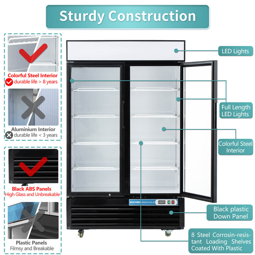 EQCHEN 48 Inch 2 Black Glass Door Commercial Refrigerator