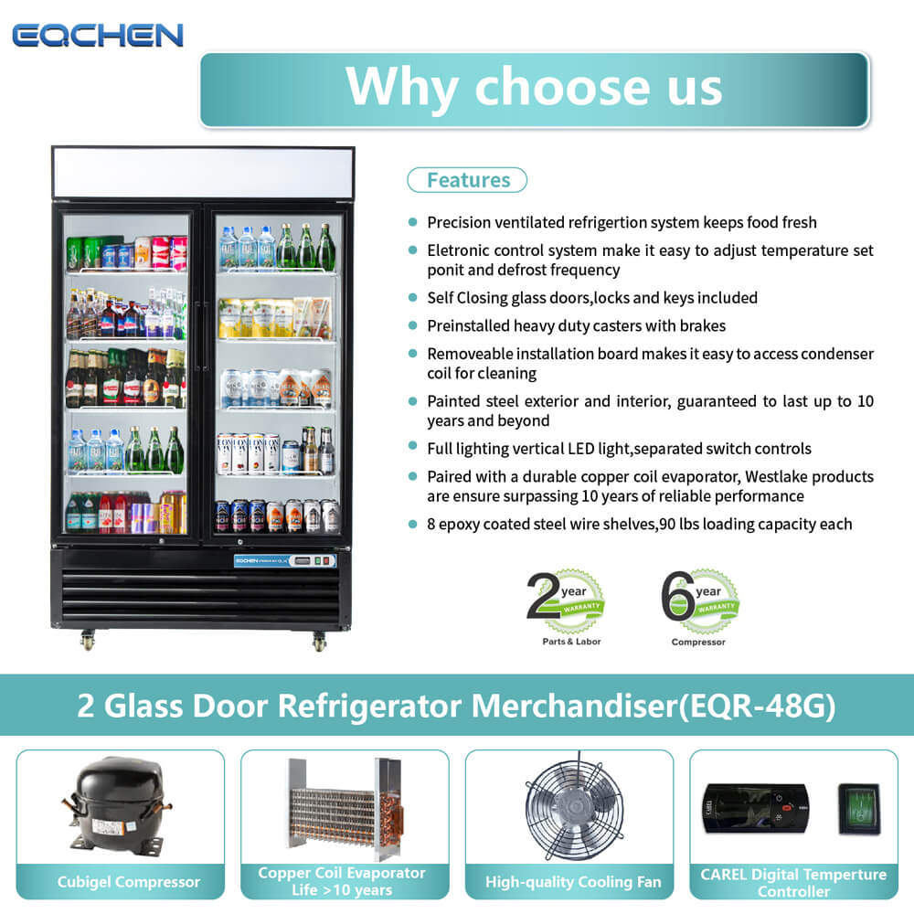 EQCHEN 48 Inch 2 Black Glass Door Commercial Refrigerator