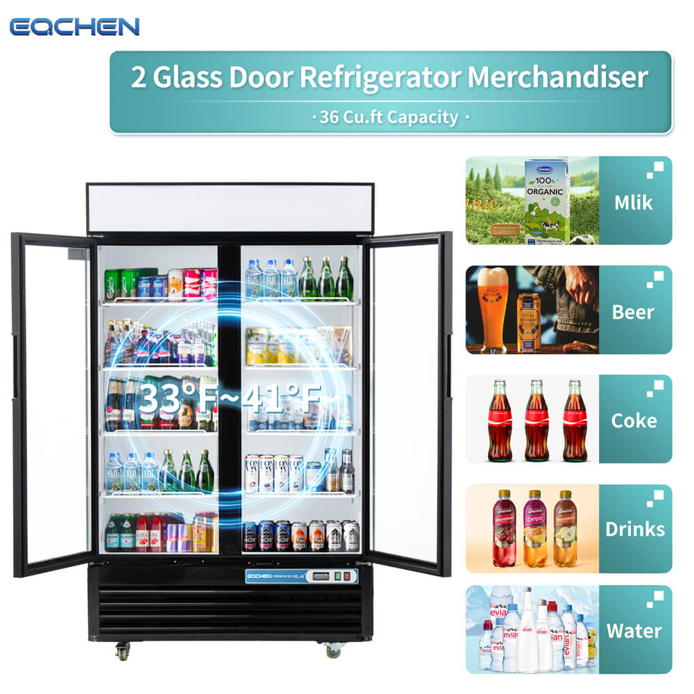 EQCHEN 48 Inch 2 Black Glass Door Commercial Refrigerator