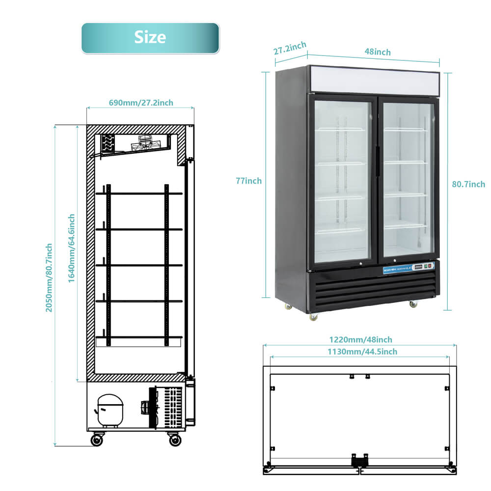 EQCHEN 48 Inch 2 Black Glass Door Commercial Refrigerator