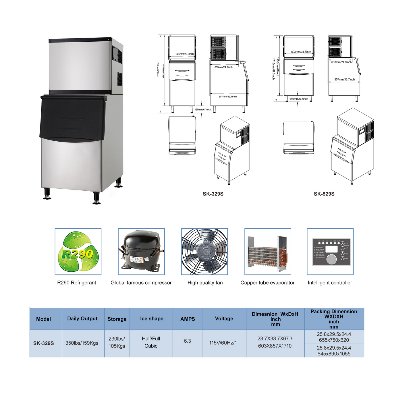 EQCHEN 350 lb Ice Maker Commercial Ice Machine with 230 lb Ice Bin