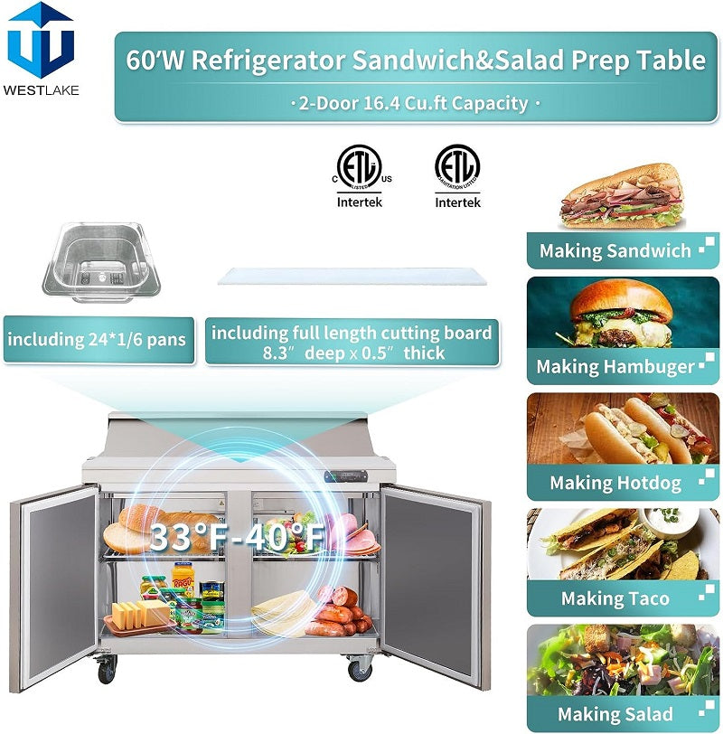 EQCHEN 60" W 2 Door Refrigerator Sandwich & Salad Prep Table Commercial Mega Top Refrigerator