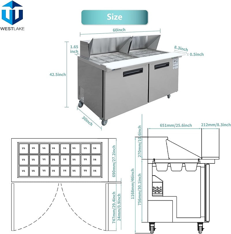 EQCHEN 60" W 2 Door Refrigerator Sandwich & Salad Prep Table Commercial Mega Top Refrigerator