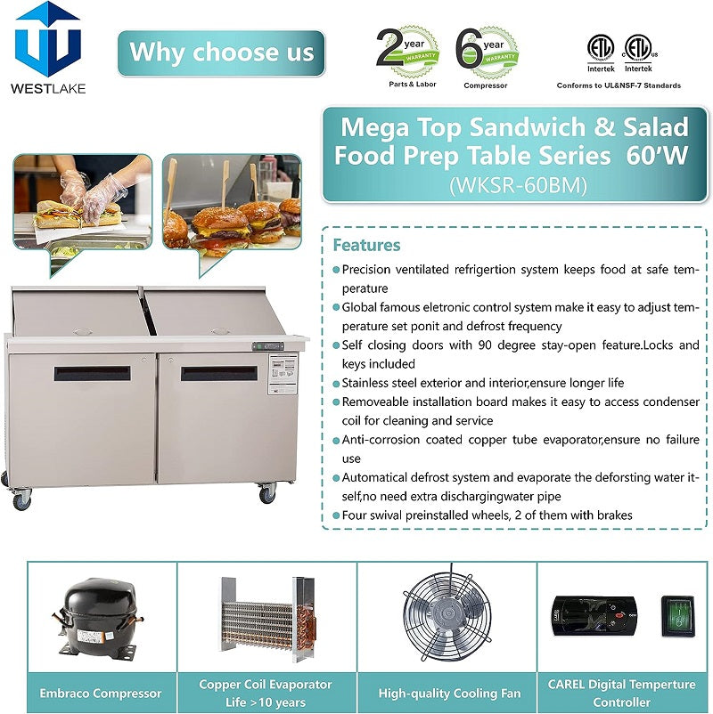 EQCHEN 60" W 2 Door Refrigerator Sandwich & Salad Prep Table Commercial Mega Top Refrigerator