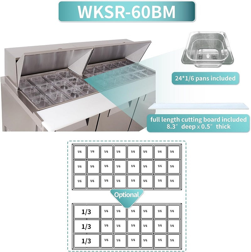 EQCHEN 60" W 2 Door Refrigerator Sandwich & Salad Prep Table Commercial Mega Top Refrigerator